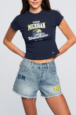 University of Michigan Denim Patched Shorts