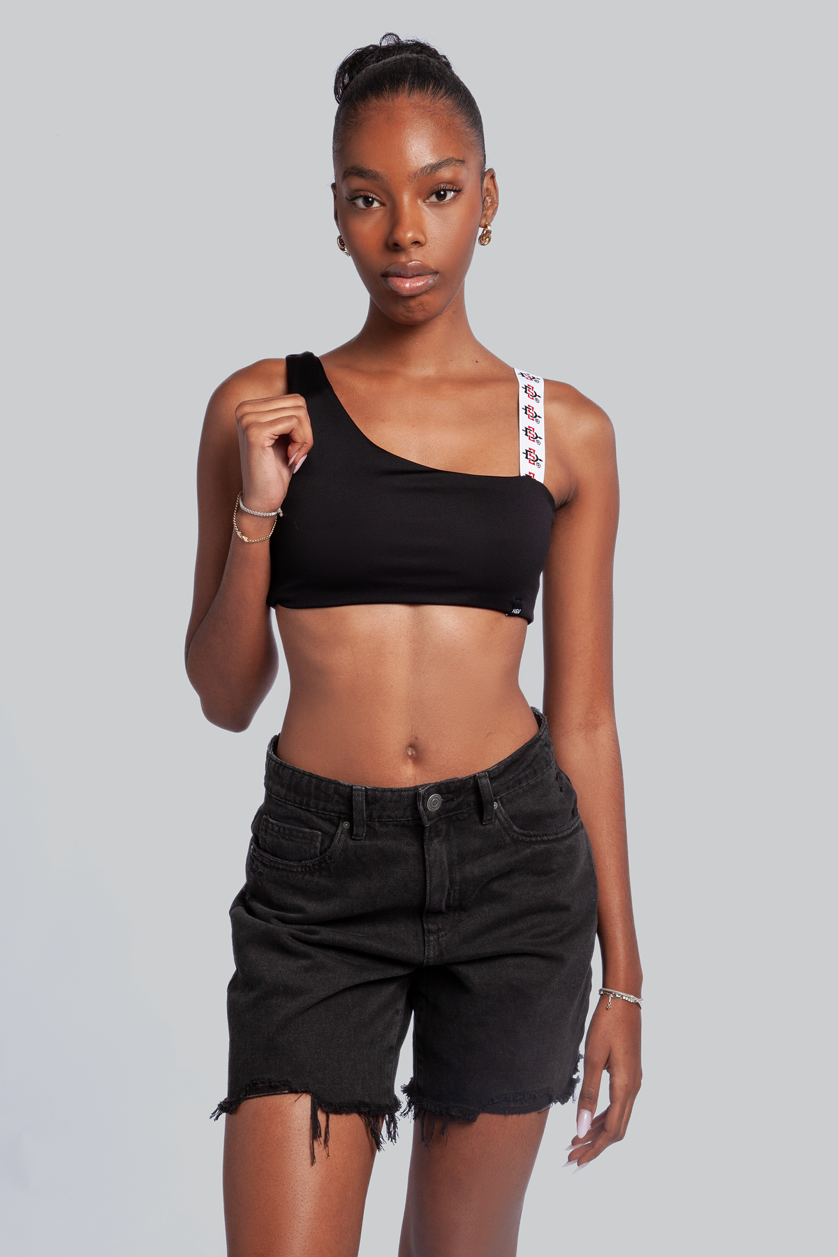 SDSU One Shoulder Crop Top with Woven Straps